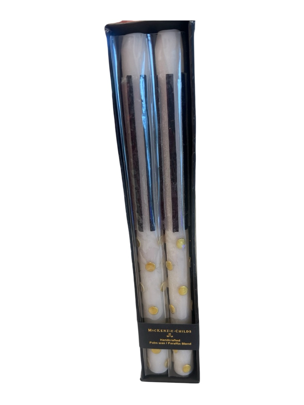 Mackenzie Childs Dot & Stripe Dinner Candles – Black & Gold – Set of 2 - Picture 5 of 5